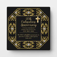 a black and gold 50th anniversary card with an ornate frame, cross and diamond embellishments