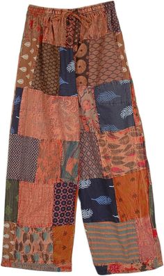 With a unique pick salmon-colored base, these patchwork trousers sure are one of a kind! With their pretty ensemble of mixed patchwork printed fabric pieced together and dyed in with orange, they are comfy and stylish.  A perfect match for the summertime, with their elastic waist and drawstring for slight size adjustments. #tlb #SplitSkirtsPants #Patchwork #Floral #bohemianfashion #Handmade #HippiePantswithPockets #PatchworkCottonPants #GypsyPants Brown Patchwork Summer Pants, Brown Patchwork Pants For Summer, Summer Brown Patchwork Pants, Brown Patchwork Long Pants, Multicolor Patchwork Trousers, Multicolor Patchwork Wide Leg Harem Pants, Multicolor Cotton Bottoms With Floral Patchwork, Multicolor Patchwork Cotton Pants, Multicolor Cotton Patchwork Pants