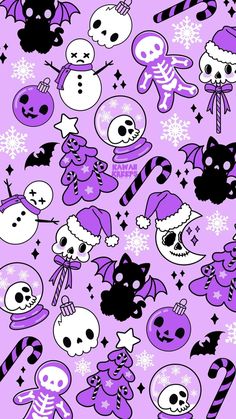 purple and black halloween themed wallpaper with skulls, candy canes, snowflakes and skeletons