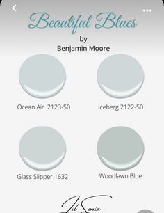 three different shades of blue and white with the words beautiful blues by benjamin moore on them