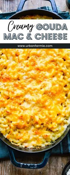 a cheesy macaroni and cheese casserole in a cast iron skillet