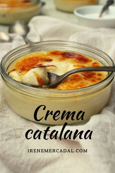 a bowl of crema catalana with a spoon in it