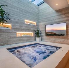 an indoor hot tub in a modern bathroom with skylights above it and plants on the side