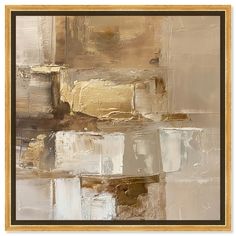 an abstract painting with brown, beige and white colors on the wall in a gold frame