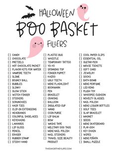 the halloween boo basket fillers list is shown in black and white with pink ghost faces