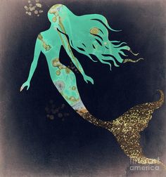 a painting of a mermaid with gold glitters on it's body and tail