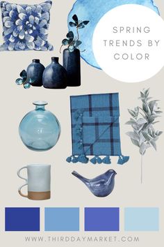 the color scheme is blue and gray with white flowers, vases, and other items