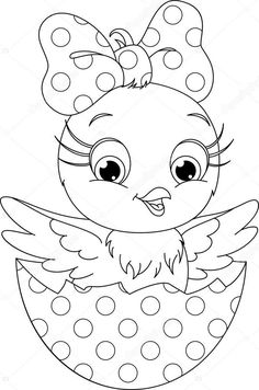 a cute little bird with big eyes sitting inside an egg coloring page for kids, printable