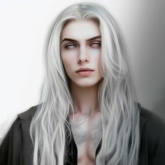 a digital painting of a woman with long white hair