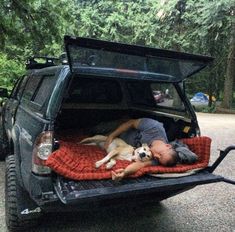 a man sleeping in the back of a truck with his dog