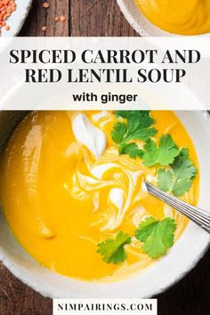 a white bowl filled with carrot and red lentil soup on top of a wooden table