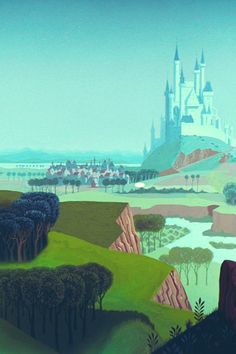 an animated scene with a castle in the distance