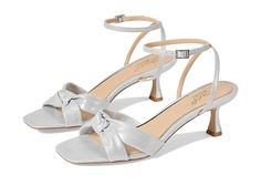 Jewel Badgley Mischka Valarie - Women's Sandals : Silver : Walk like a diva on the city streets by wearing Jewel Badgley Mischka Valarie heels. The footwear has a knotted strappy design with an open squared toe. A sleek strappy ankle design makes it adjustable. The footwear features a sculpted kitten heel. The Satin upper, synthetic lining and comfortable insole make it ideal for regular wear. Synthetic midsole. Rubber outsole. Imported. Measurements: Heel Height: 2 1 6 in Product measurements w Silver Kitten Heels For Party With 4-inch Heel, Evening Heels With Silver-tone Hardware, Silver Kitten Heels With 4-inch Heel, Glamorous Metallic Silver Heels With 4-inch Heel, Jewel Badgley Mischka, Badgley Mischka, Groom Dress, Mother Of The Bride, Kitten Heels