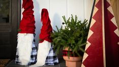 two christmas stockings hanging on the wall next to a potted plant