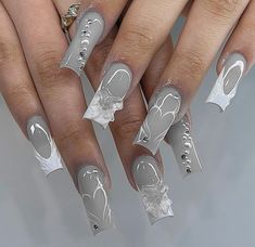 Silver Nail Designs, Business Nails, Purple Acrylic Nails, Long Acrylic Nail Designs, Blue Acrylic Nails, Silver Nail, Shoe Nails, Glamour Nails, Colored Acrylic Nails