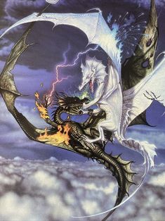 a white dragon flying through the air next to a fire and ice dragon on top of a cloud