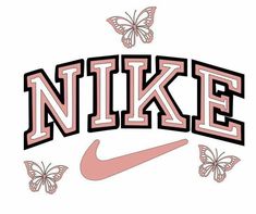 a pink nike logo with butterflies flying around it and the word nike written in large letters