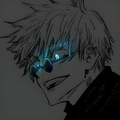 an anime character wearing glasses with glowing eyes looking at something in the distance behind him