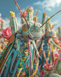 a colorful insect is standing in front of some cactuses and other plants with long antennae