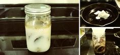 four different pictures show the process of making ice cream in a glass jar and cooking on an electric stove