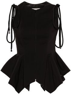 black cotton blend crew neck sleeveless shoulder satin strap detailing dart detailing peplum waist full lining asymmetric hem front zip fastening Clothing Basics List, Tailored Tops, Peplum Top Outfits, Taffeta Top, Vivienne Westwood Tops, Belted Top, Peplum Shirt, Peplum Tops, Asymmetric Top