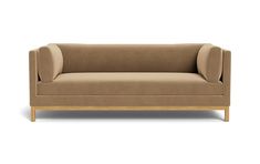 a beige couch with wooden legs on a white background