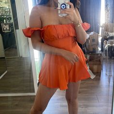 Shein Orange Romper Never Worn!!! Size M Flirty Summer Jumpsuits And Rompers For Day Out, Flirty Summer Jumpsuits And Rompers With Short Sleeves, Flirty Short Sleeve Jumpsuits And Rompers For Summer, Flirty Summer Jumpsuit With Short Sleeves, Summer Flirty Solid Color Jumpsuits And Rompers, Flirty Solid Color Summer Jumpsuits And Rompers, Flirty Summer Jumpsuits And Rompers In Solid Colors, Flirty Fitted Jumpsuits And Rompers For Summer, Off-shoulder Jumpsuits And Rompers For Summer Date Night