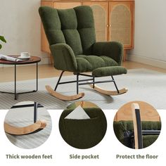 the rocking chair is made from thick wool and has a wooden frame, seat pad, and footrest