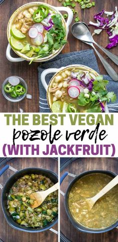 vegan pozole verde recipe in three pans with spoons