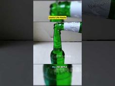 three different shots of green beer bottles being filled with liquid and then opened to reveal the label