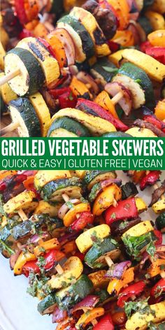 grilled vegetable skewers on a plate with text overlay that reads grilled vegetable skewers