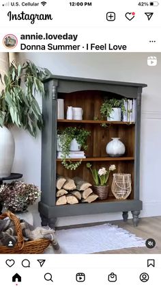 an old china cabinet with plants and flowers in it