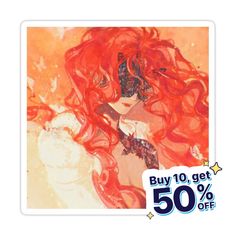 a sticker with an image of a woman's face and red hair on it