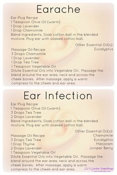 Earache - Ear Infection #Aromatherpy Ear plug- warm olive oil (1tsp), 3 drops tea tree oil, 2 drops lavender Massage Oils Recipe, Diluting Essential Oils, Sick Remedies, Oil Remedies, Home Health Remedies, Living Essentials Oils, Living Essentials