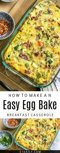 an easy egg bake in a glass casserole dish