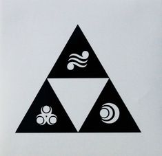 three black and white triangles with symbols on them