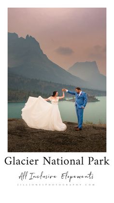 a bride and groom holding hands in front of a mountain lake with the caption glacier national park