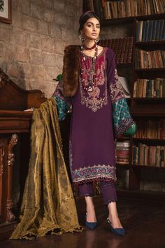 Purple Embellished Long Pakistani Salwar Kameez with Dupatta Suit Sania Maskatiya, Pakistani Designer Clothes, Velvet Sleeve, Pakistani Salwar Kameez, Pure Chiffon, Maria B, Luxury Wear, Dyed Linen, Linen Suit