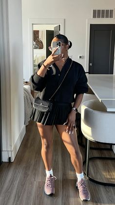 #skirtfashion #preppy #nike #tennis #cardigan #blackoutfits #springoutfitsforwomen Sporty And Classy Outfit, Skirt Outfits Tennis, Black Tennis Skirt Casual, Cozy Chic Outfit Summer, Comfy Outfits Women, Tennis Skirt Black Outfit, Black Tennis Outfit, Outfit Fitness, Tennis Mom Outfit