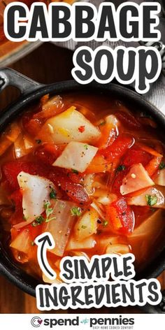 a poster with the words cabbage soup on it and an image of a skillet full of vegetables