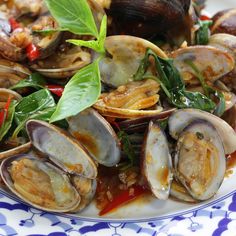 a plate full of clams with sauce and greens