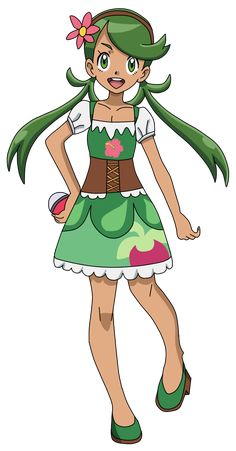 a cartoon girl in a green dress and pink flower on her head, with long hair