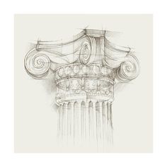 an architectural drawing of a column with swirls and scrolls on the top, in grey tones