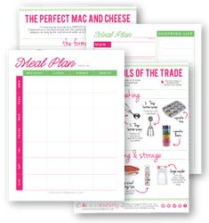 the perfect mac and cheese meal plan is shown in three different colors, including pink