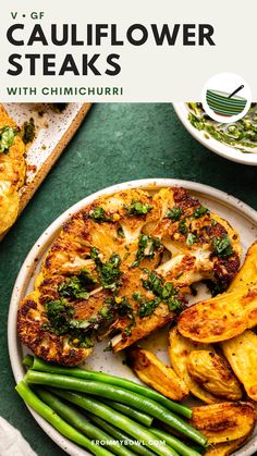 there is a plate with some food on it and the words cauliflower steaks