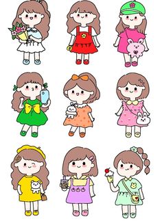 cartoon girls with different outfits and hair styles