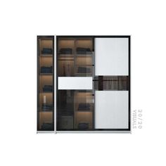 an image of a closet with glass doors on the front and bottom shelves in black and white