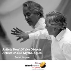 two men in white shirts are talking to each other with their hands out and the caption reads artists don't make objects artists make mythology