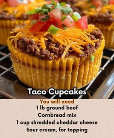 taco cupcakes on a cooling rack with text overlay that reads, taco cupcakes you will need