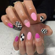 Gel Nails Checkered, Halle Sandburg Nails, Paramore Inspired Nails, Almond Nails Checkered, Checker Nail Art, Crazy Fun Nails, Multiple Design Nails, Cool Funky Nails, Funky Colorful Nails